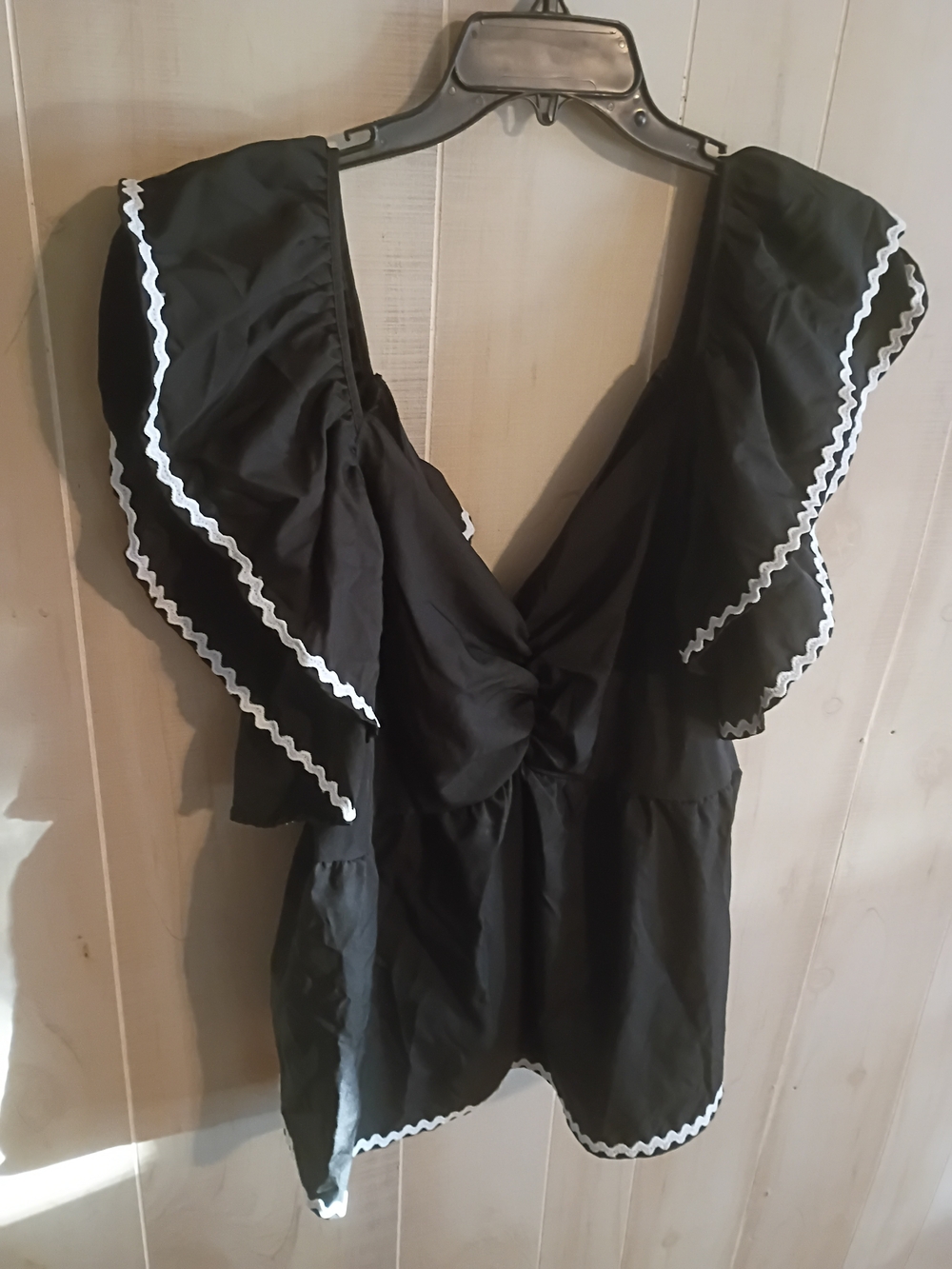 Plus Size 20 Black Ruffle V-Neck Women's Top with White Trim Bow In The Back